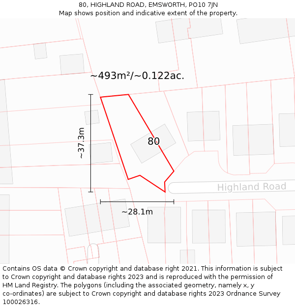 80, HIGHLAND ROAD, EMSWORTH, PO10 7JN: Plot and title map