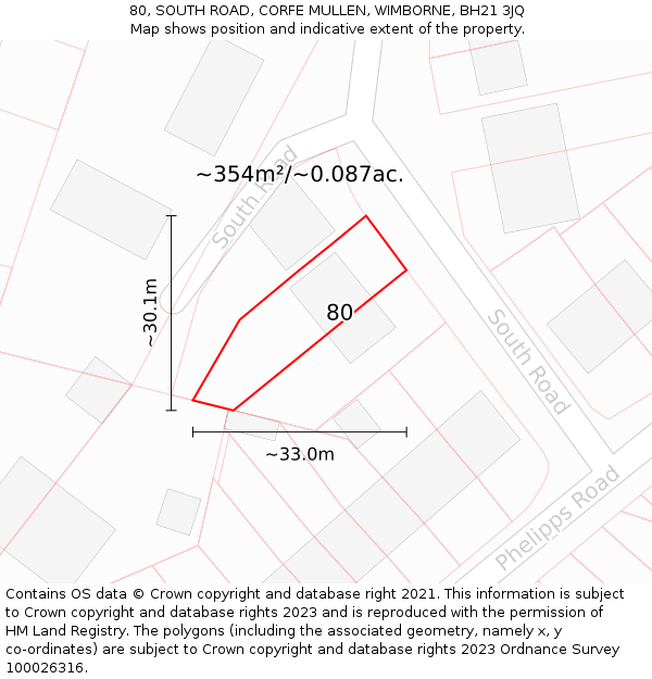 80, SOUTH ROAD, CORFE MULLEN, WIMBORNE, BH21 3JQ: Plot and title map