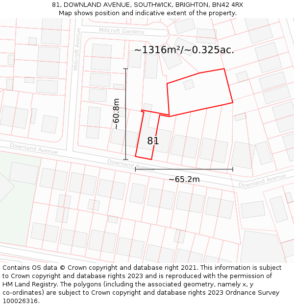 81, DOWNLAND AVENUE, SOUTHWICK, BRIGHTON, BN42 4RX: Plot and title map