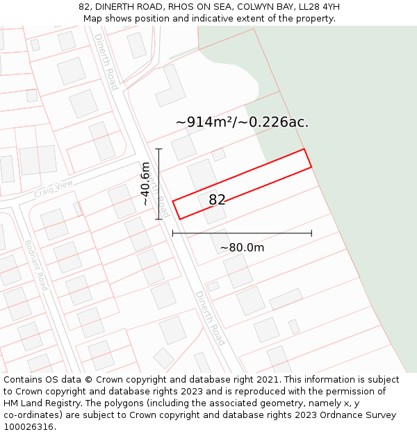 82, DINERTH ROAD, RHOS ON SEA, COLWYN BAY, LL28 4YH: Plot and title map