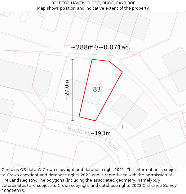 83, BEDE HAVEN CLOSE, BUDE, EX23 8QF: Plot and title map