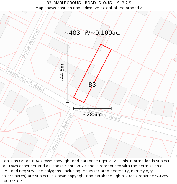 83, MARLBOROUGH ROAD, SLOUGH, SL3 7JS: Plot and title map