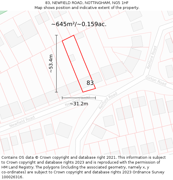 83, NEWFIELD ROAD, NOTTINGHAM, NG5 1HF: Plot and title map