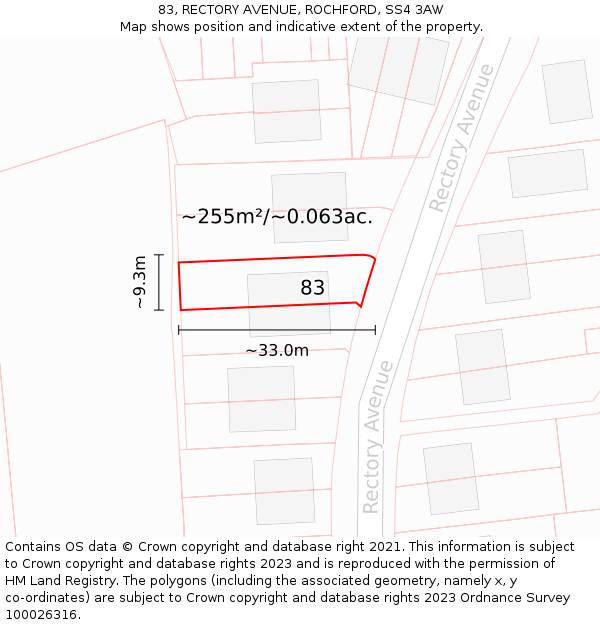 83, RECTORY AVENUE, ROCHFORD, SS4 3AW: Plot and title map