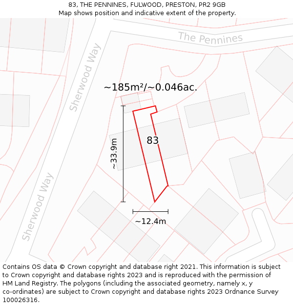 83, THE PENNINES, FULWOOD, PRESTON, PR2 9GB: Plot and title map