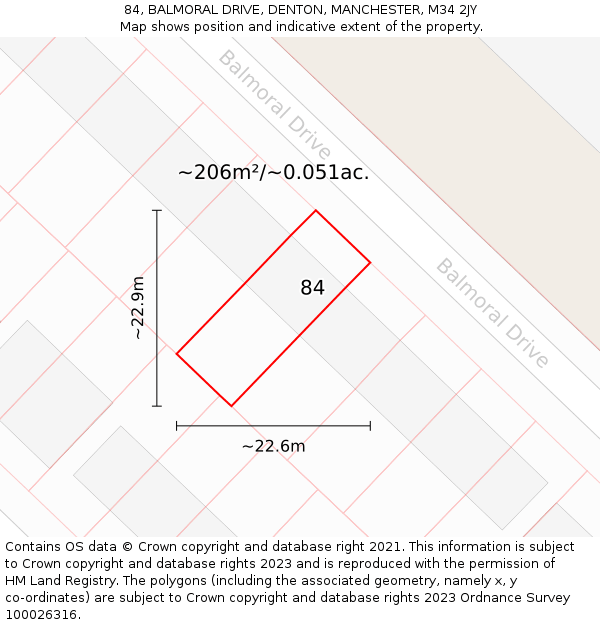 84, BALMORAL DRIVE, DENTON, MANCHESTER, M34 2JY: Plot and title map