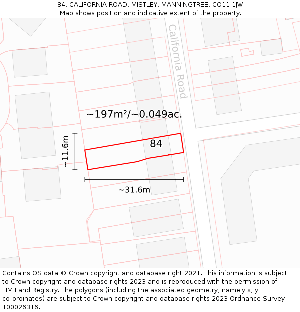 84, CALIFORNIA ROAD, MISTLEY, MANNINGTREE, CO11 1JW: Plot and title map