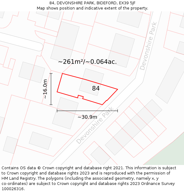 84, DEVONSHIRE PARK, BIDEFORD, EX39 5JF: Plot and title map