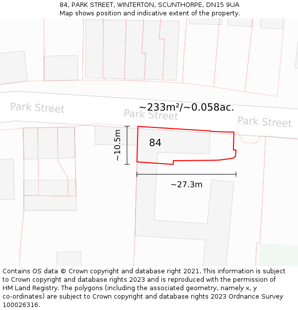 84, PARK STREET, WINTERTON, SCUNTHORPE, DN15 9UA: Plot and title map