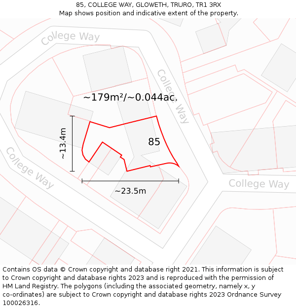 85, COLLEGE WAY, GLOWETH, TRURO, TR1 3RX: Plot and title map