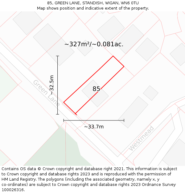 85, GREEN LANE, STANDISH, WIGAN, WN6 0TU: Plot and title map