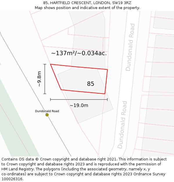 85, HARTFIELD CRESCENT, LONDON, SW19 3RZ: Plot and title map