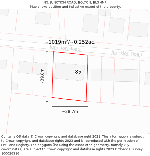 85, JUNCTION ROAD, BOLTON, BL3 4NF: Plot and title map