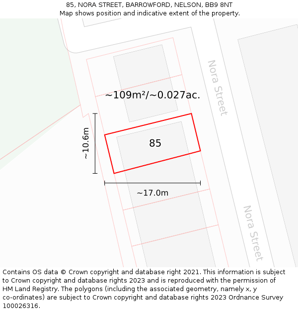 85, NORA STREET, BARROWFORD, NELSON, BB9 8NT: Plot and title map