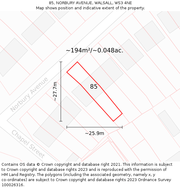 85, NORBURY AVENUE, WALSALL, WS3 4NE: Plot and title map