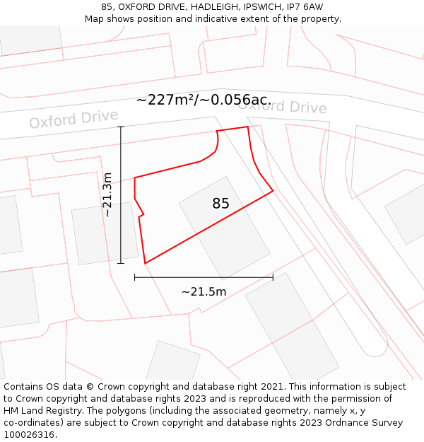 85, OXFORD DRIVE, HADLEIGH, IPSWICH, IP7 6AW: Plot and title map