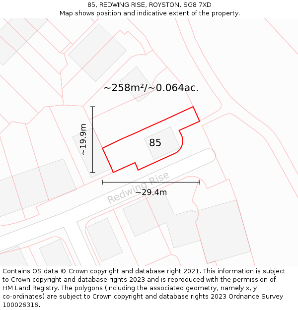 85, REDWING RISE, ROYSTON, SG8 7XD: Plot and title map