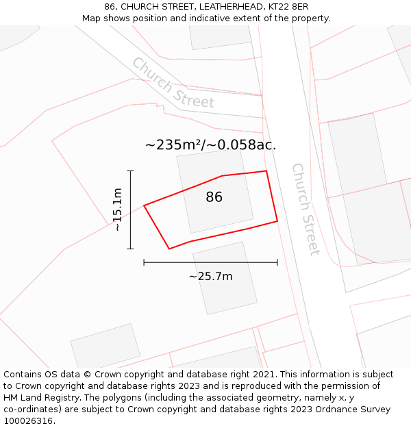 86, CHURCH STREET, LEATHERHEAD, KT22 8ER: Plot and title map