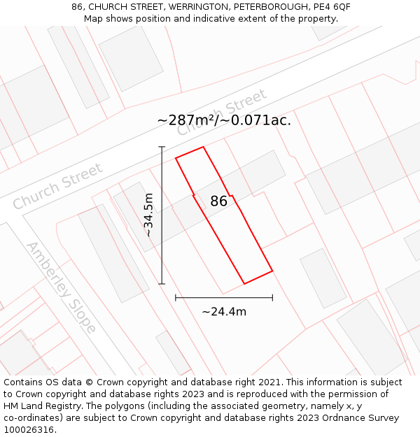 86, CHURCH STREET, WERRINGTON, PETERBOROUGH, PE4 6QF: Plot and title map