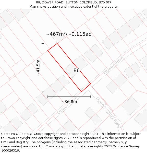 86, DOWER ROAD, SUTTON COLDFIELD, B75 6TP: Plot and title map