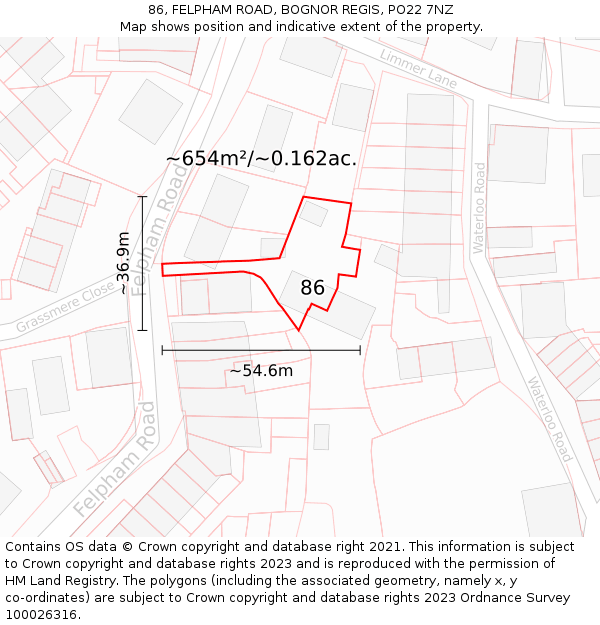 86, FELPHAM ROAD, BOGNOR REGIS, PO22 7NZ: Plot and title map