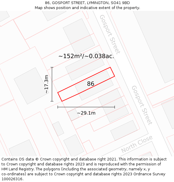 86, GOSPORT STREET, LYMINGTON, SO41 9BD: Plot and title map