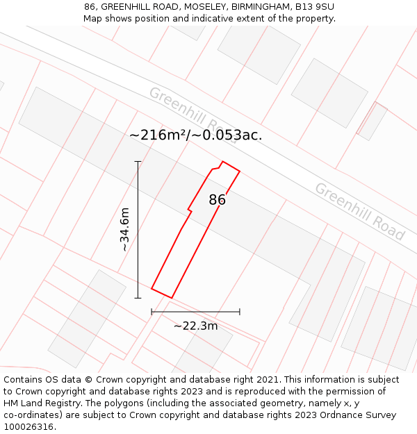 86, GREENHILL ROAD, MOSELEY, BIRMINGHAM, B13 9SU: Plot and title map