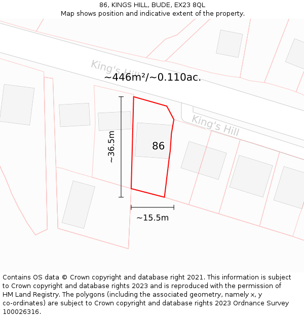 86, KINGS HILL, BUDE, EX23 8QL: Plot and title map