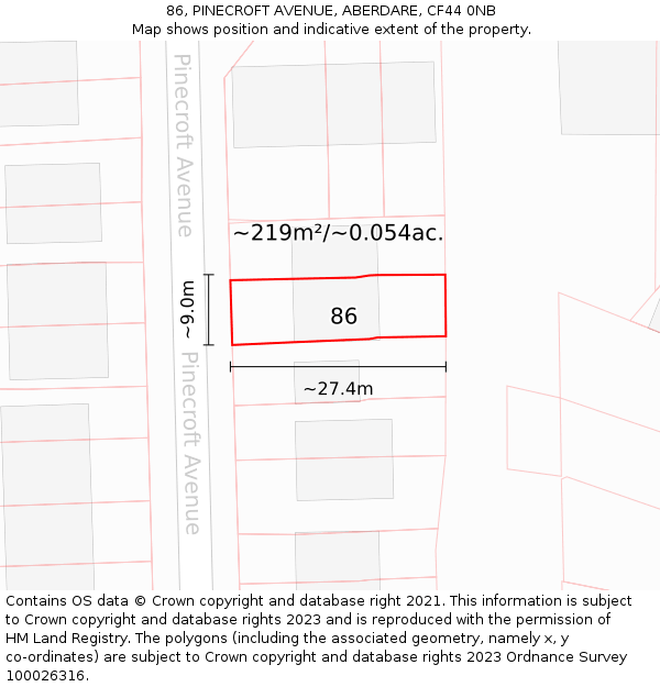 86, PINECROFT AVENUE, ABERDARE, CF44 0NB: Plot and title map