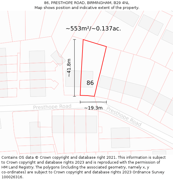 86, PRESTHOPE ROAD, BIRMINGHAM, B29 4NL: Plot and title map