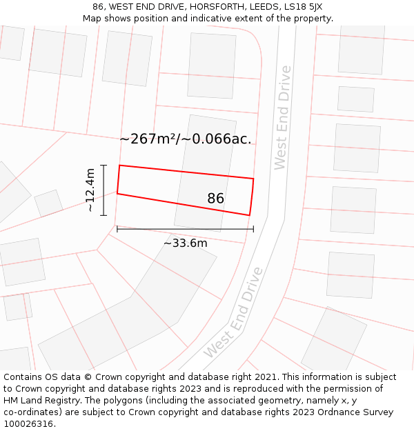 86, WEST END DRIVE, HORSFORTH, LEEDS, LS18 5JX: Plot and title map