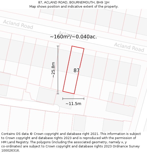 87, ACLAND ROAD, BOURNEMOUTH, BH9 1JH: Plot and title map