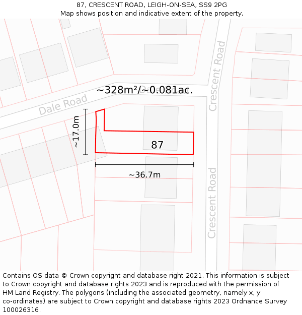 87, CRESCENT ROAD, LEIGH-ON-SEA, SS9 2PG: Plot and title map