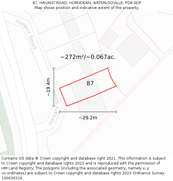 87, HAVANT ROAD, HORNDEAN, WATERLOOVILLE, PO8 0DP: Plot and title map