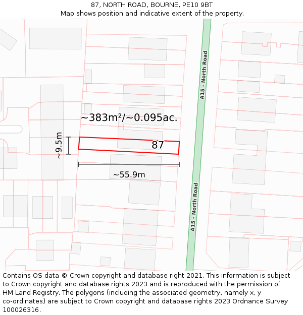 87, NORTH ROAD, BOURNE, PE10 9BT: Plot and title map