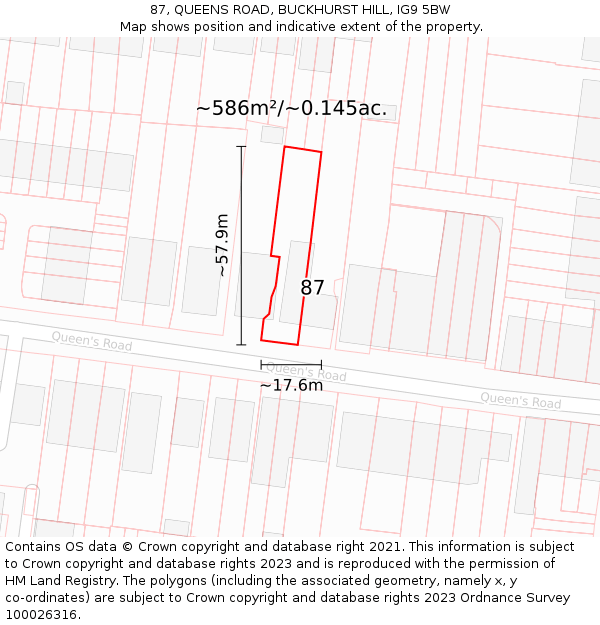 87, QUEENS ROAD, BUCKHURST HILL, IG9 5BW: Plot and title map