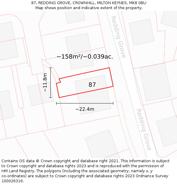 87, REDDING GROVE, CROWNHILL, MILTON KEYNES, MK8 0BU: Plot and title map