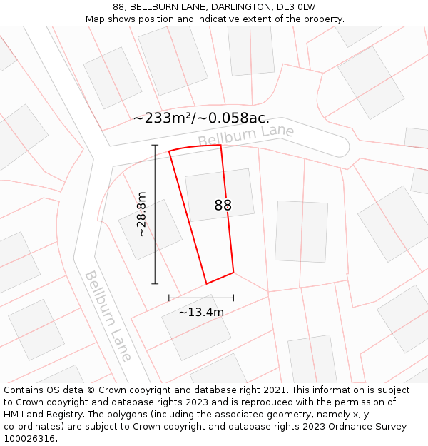 88, BELLBURN LANE, DARLINGTON, DL3 0LW: Plot and title map