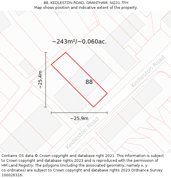 88, KEDLESTON ROAD, GRANTHAM, NG31 7FH: Plot and title map