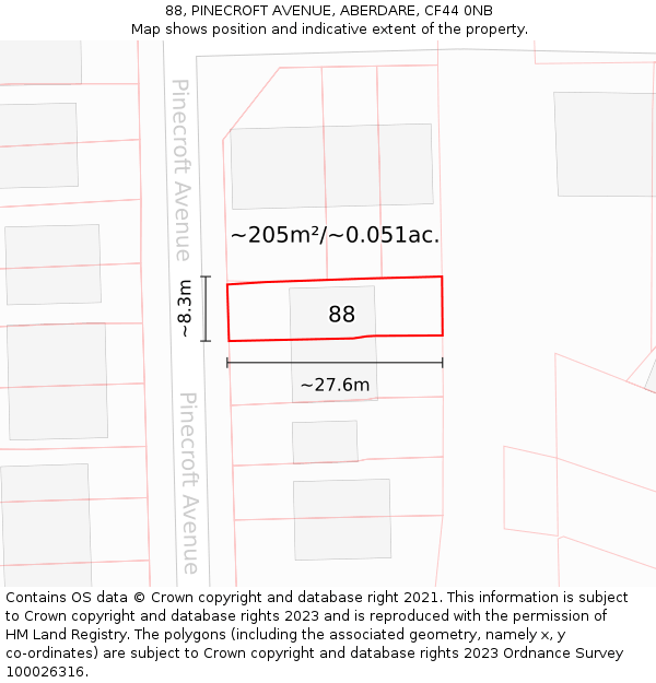 88, PINECROFT AVENUE, ABERDARE, CF44 0NB: Plot and title map