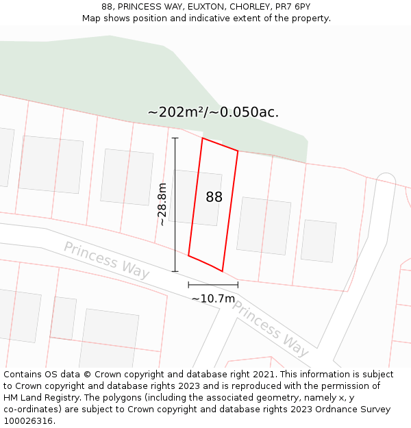 88, PRINCESS WAY, EUXTON, CHORLEY, PR7 6PY: Plot and title map