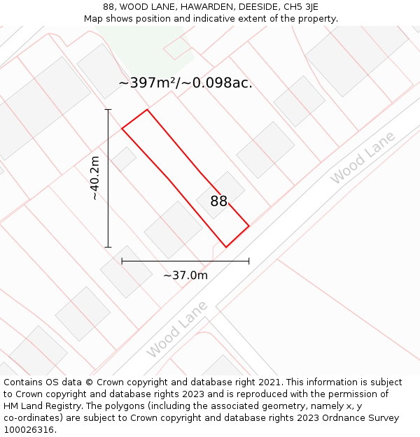 88, WOOD LANE, HAWARDEN, DEESIDE, CH5 3JE: Plot and title map