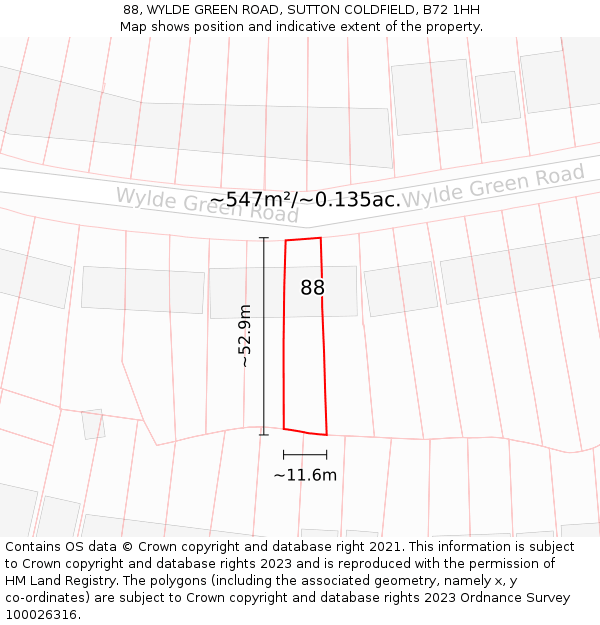 88, WYLDE GREEN ROAD, SUTTON COLDFIELD, B72 1HH: Plot and title map