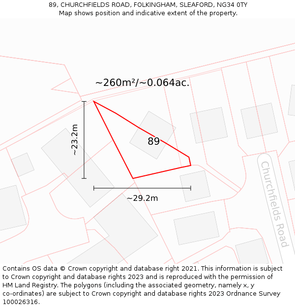 89, CHURCHFIELDS ROAD, FOLKINGHAM, SLEAFORD, NG34 0TY: Plot and title map