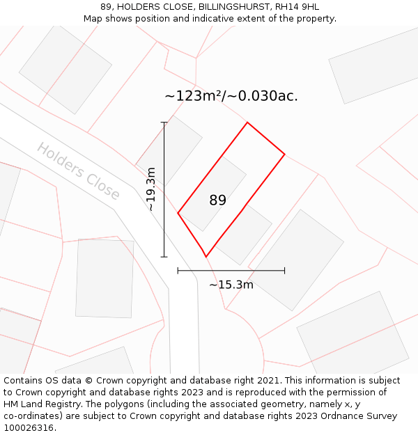 89, HOLDERS CLOSE, BILLINGSHURST, RH14 9HL: Plot and title map