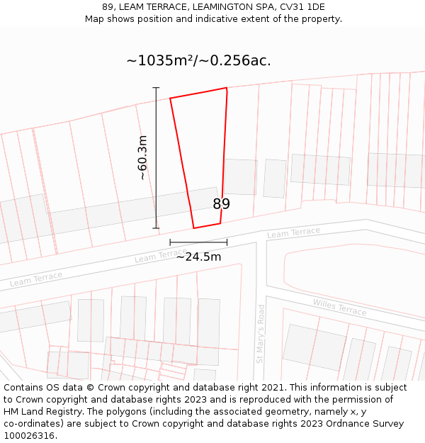 89, LEAM TERRACE, LEAMINGTON SPA, CV31 1DE: Plot and title map