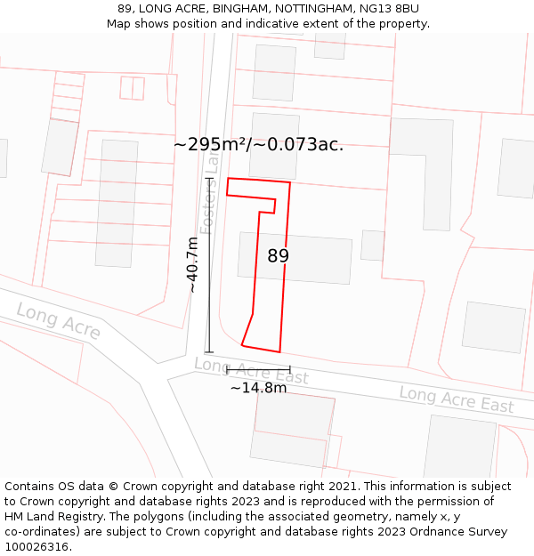 89, LONG ACRE, BINGHAM, NOTTINGHAM, NG13 8BU: Plot and title map