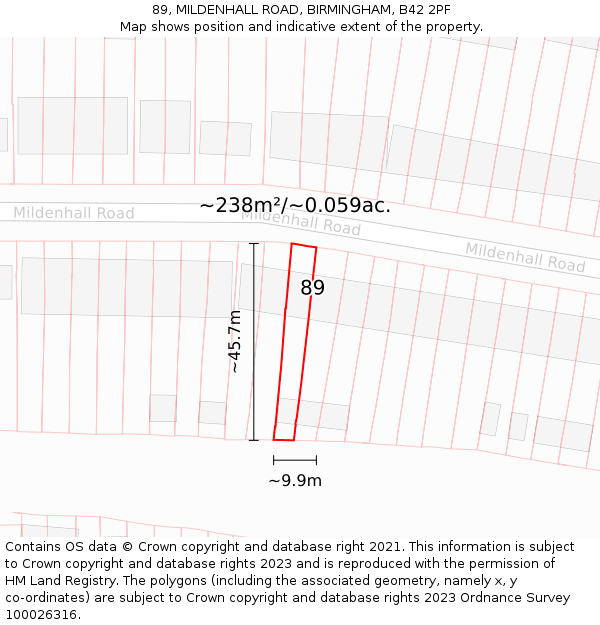 89, MILDENHALL ROAD, BIRMINGHAM, B42 2PF: Plot and title map