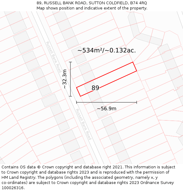 89, RUSSELL BANK ROAD, SUTTON COLDFIELD, B74 4RQ: Plot and title map