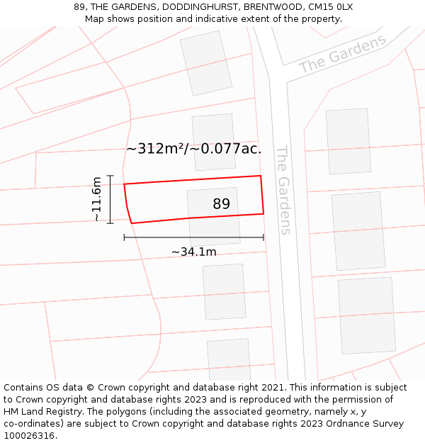 89, THE GARDENS, DODDINGHURST, BRENTWOOD, CM15 0LX: Plot and title map